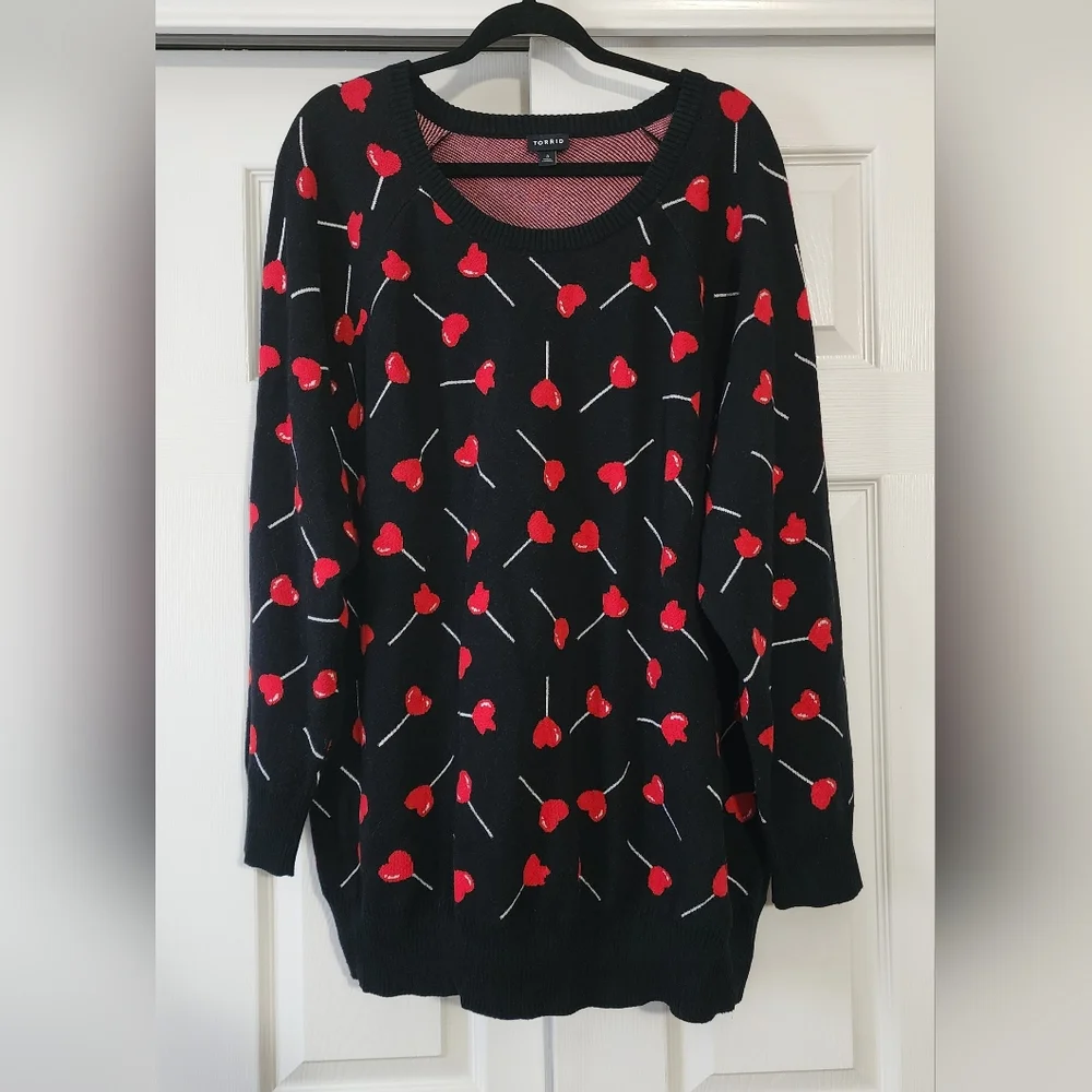 Torrid Black Sweater with Red Floral Pattern - Picture 2 of 6